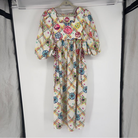 Celia B Santorini Puff Sleeve Floral Embroidered Embellished Plaid Midi Dress XL - Picture 1 of 7